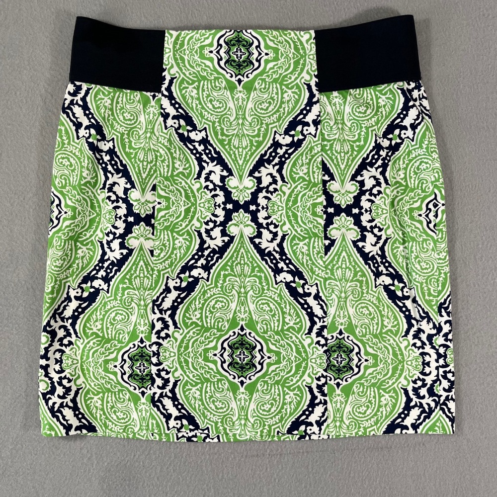 J.McLaughlin Women's Green Navy White Paisley Print Elastic Waist Skirt Size 10